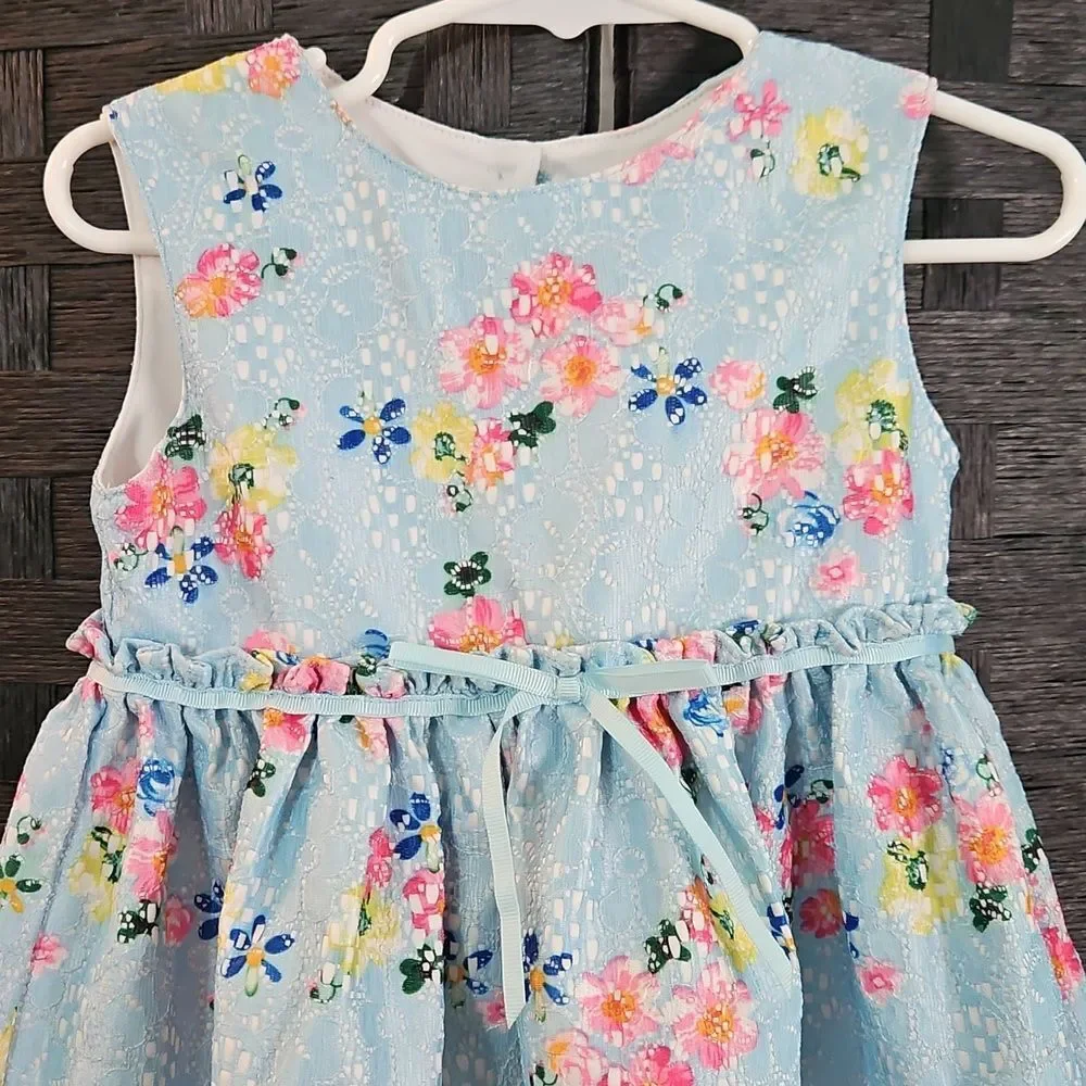Blueberi Boulevard Blue Floral Lace Dress - Ribbon Bow - Size 3T - Back Cutout